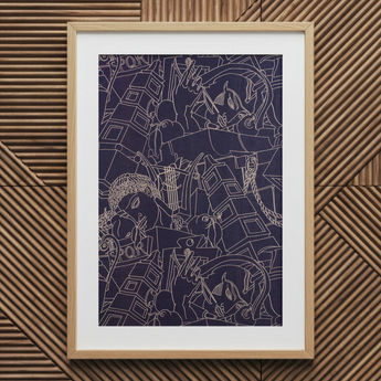 Spqr - Victor Proetz Decorative Textile Pattern Art Print / Canvas Framed Abstract Artwork White Line Illustrations Deep Navy Victor Proetz