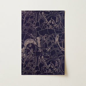 Spqr - Victor Proetz Decorative Textile Pattern Art Print / Canvas Navy Blue Abstract Intricate White Line, Mesmerizing Prints