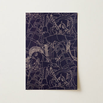 Spqr - Victor Proetz Decorative Textile Pattern Art Print / Canvas Navy Blue Abstract Intricate White Line, Mesmerizing Prints