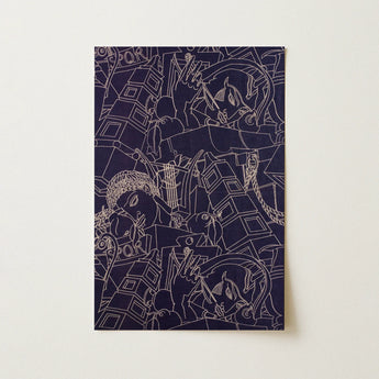 Spqr - Victor Proetz Decorative Textile Pattern Art Print / Canvas Navy Blue Abstract Art Print Intricate White Line Victor Proetz Art,