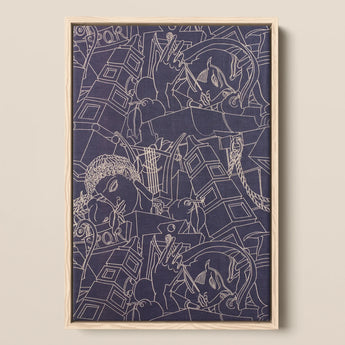 Spqr - Victor Proetz Decorative Textile Pattern Art Print / Canvas Navy Blue Abstract White Line Drawings, Mesmerizing Prints