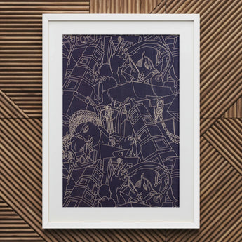 Spqr - Victor Proetz Decorative Textile Pattern Art Print / Canvas White-framed Artwork Navy Blue Background Intricate White Line,