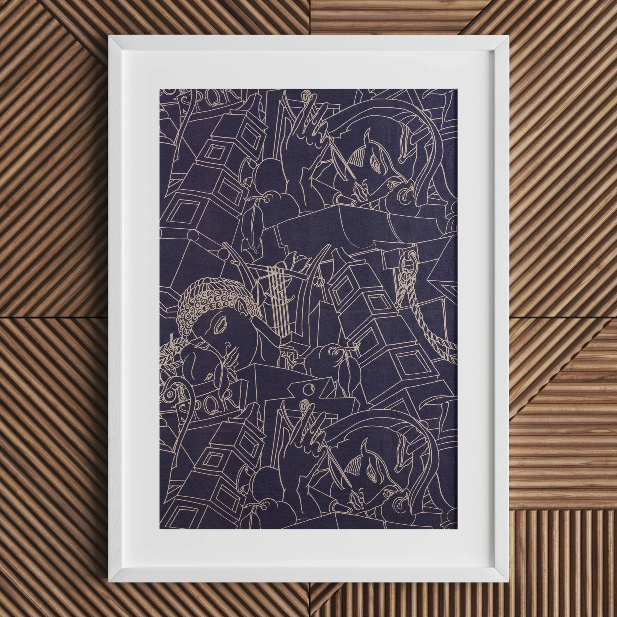 Spqr Victor Proetz Decorative Textile Pattern Art Print, White Framed Artwork Abstract Line Drawings Navy Blue Background
