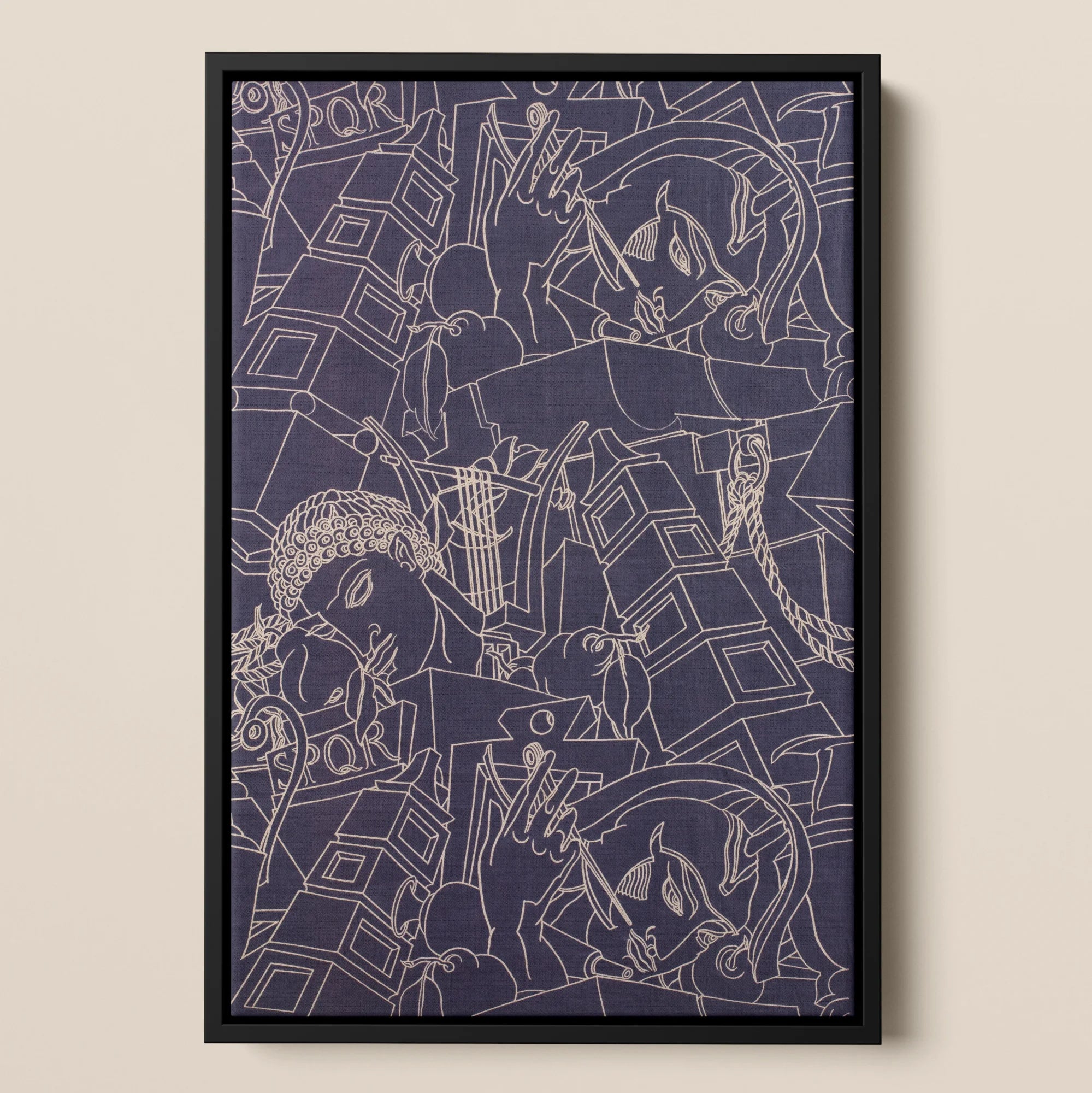 Spqr Victor Proetz Neoclassical Pattern Framed Canvas, Framed Abstract Artwork White Line Drawings Dark Purple