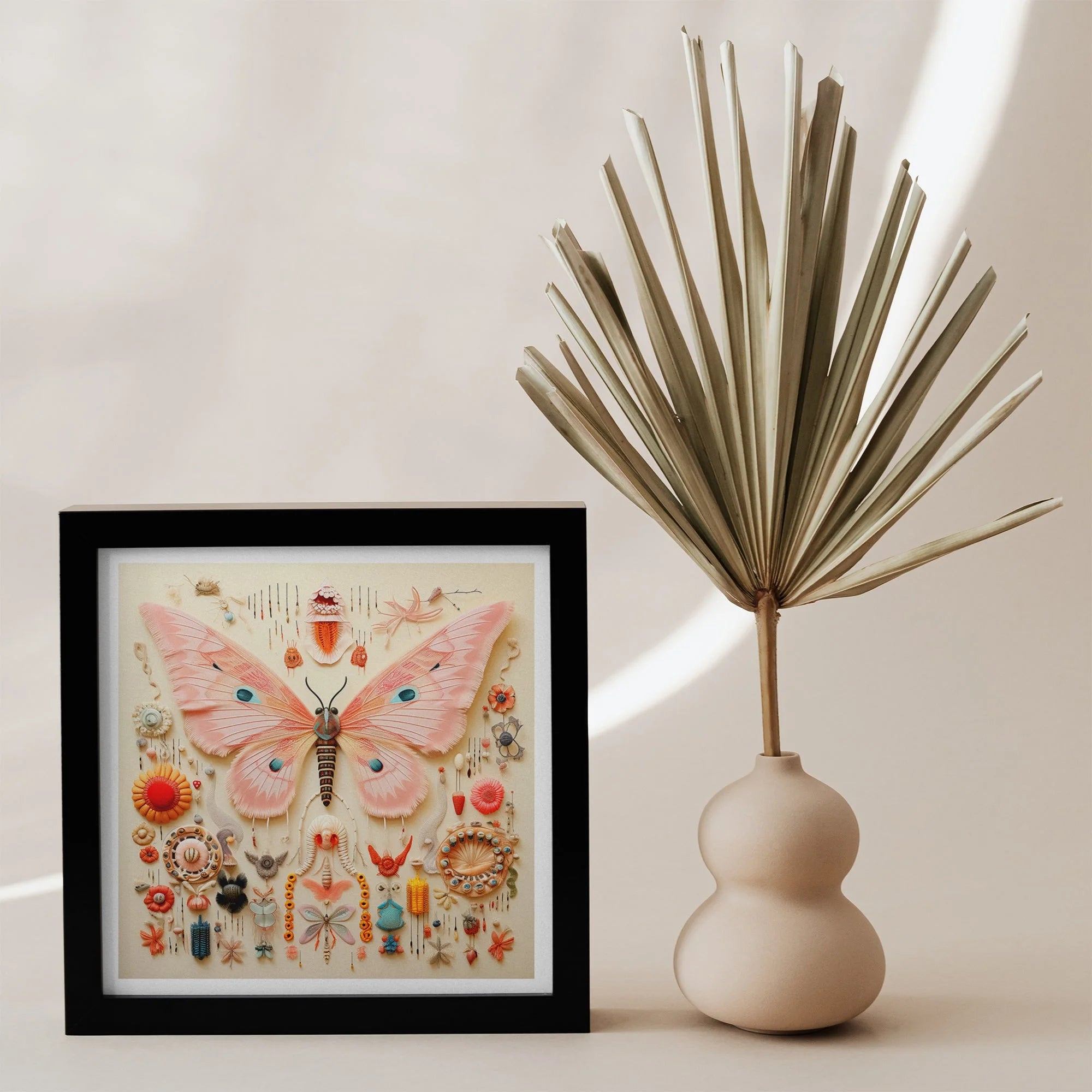 Spreadwinged Empress - Alien Butterfly Taxonomy Art Print, Framed Artwork Colorful Butterfly Surrounded Small Objects Flowers