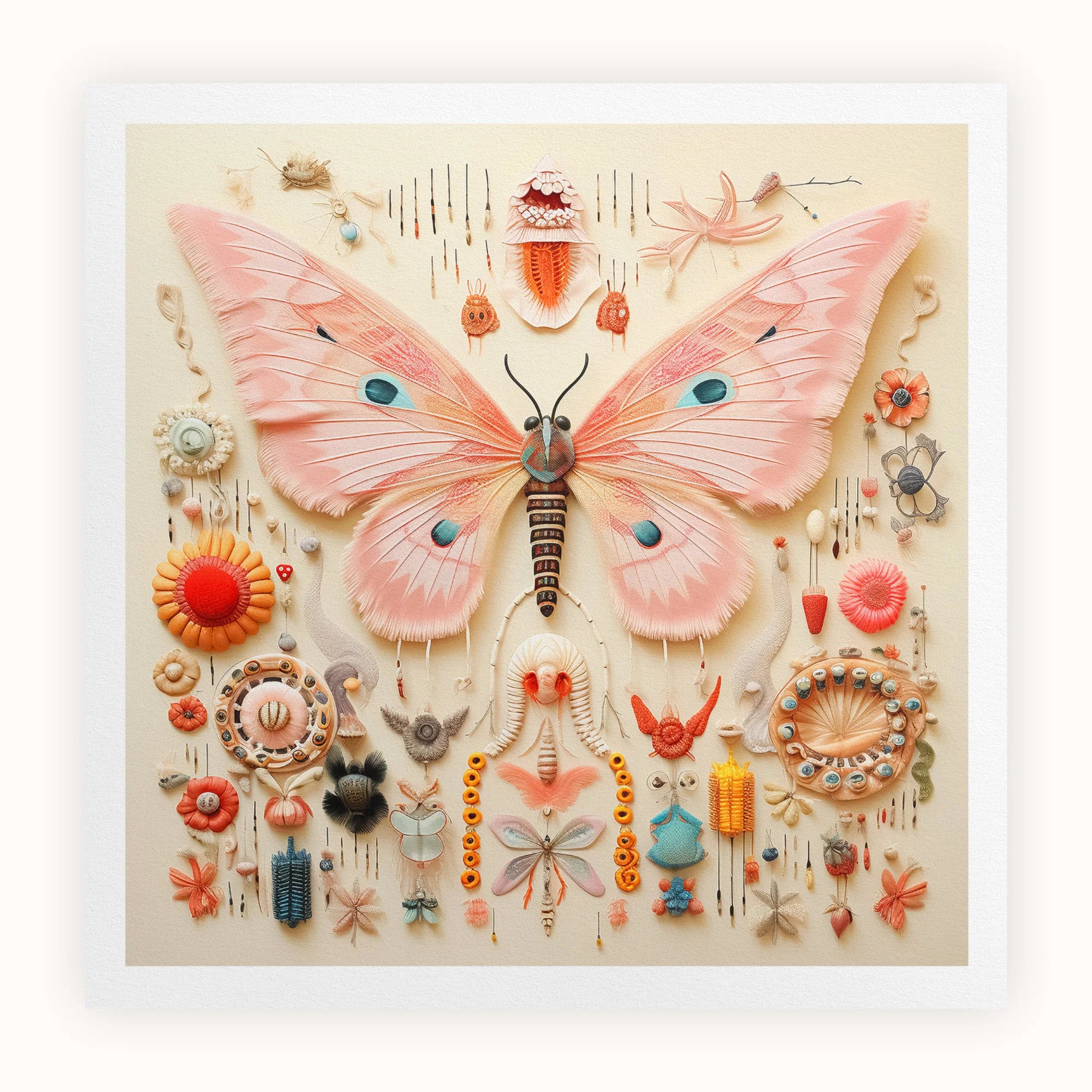 Spreadwinged Empress - Alien Butterfly Taxonomy Art Print, Pink Butterfly Delicate Wings Intricate Patterns Surrounded Colorful