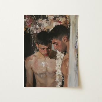 Spring Awakening - Blossoming Gay Romance Art Print / Canvas Rectangular Painting Two Shirtless Men Warmly Lit