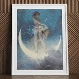 Spring Scattering Stars - Edwin Blashfield Art Print / Canvas Framed Artwork Nude Figure Crescent Moon Starry Blue, Prints