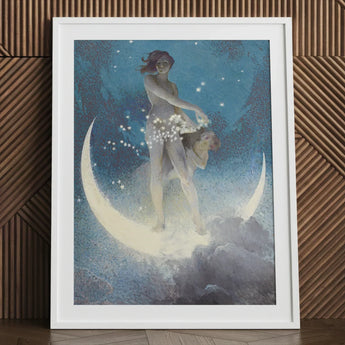 Spring Scattering Stars - Edwin Blashfield Art Print / Canvas Framed Artwork Nude Figure Crescent Moon Starry Blue, Prints