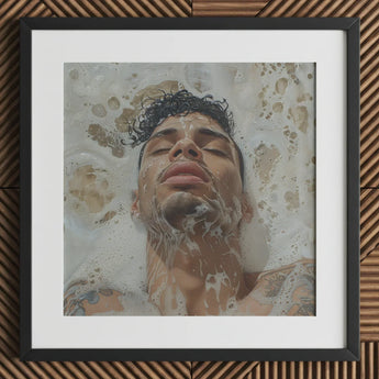 Squeaky Clean - Subtle Gay Male Pleasure Art Print / Canvas Black-framed Man Dark Curly Hair Visible Afrolatino Homoerotic, Skim Prints