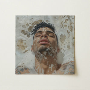 Squeaky Clean - Subtle Gay Male Pleasure Art Print / Canvas Square Man Dark Curly Hair Tattoos Afrolatino Homoerotic, Skim Prints