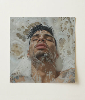 Square Canvas Print Man Dark Curly Hair Tattoos Afrolatino Homoerotic Art, Pleasure Skim