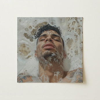 Squeaky Clean - Subtle Gay Male Pleasure Art Print / Canvas Square Man Dark Curly Hair Tattoos Afrolatino Homoerotic, Skim Prints