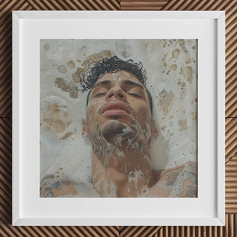 Squeaky Clean - Subtle Gay Male Pleasure Art Print / Canvas White Framed Artwork Man Dark Curly Hair Tattoos Afrolatino Homoerotic, Skim
