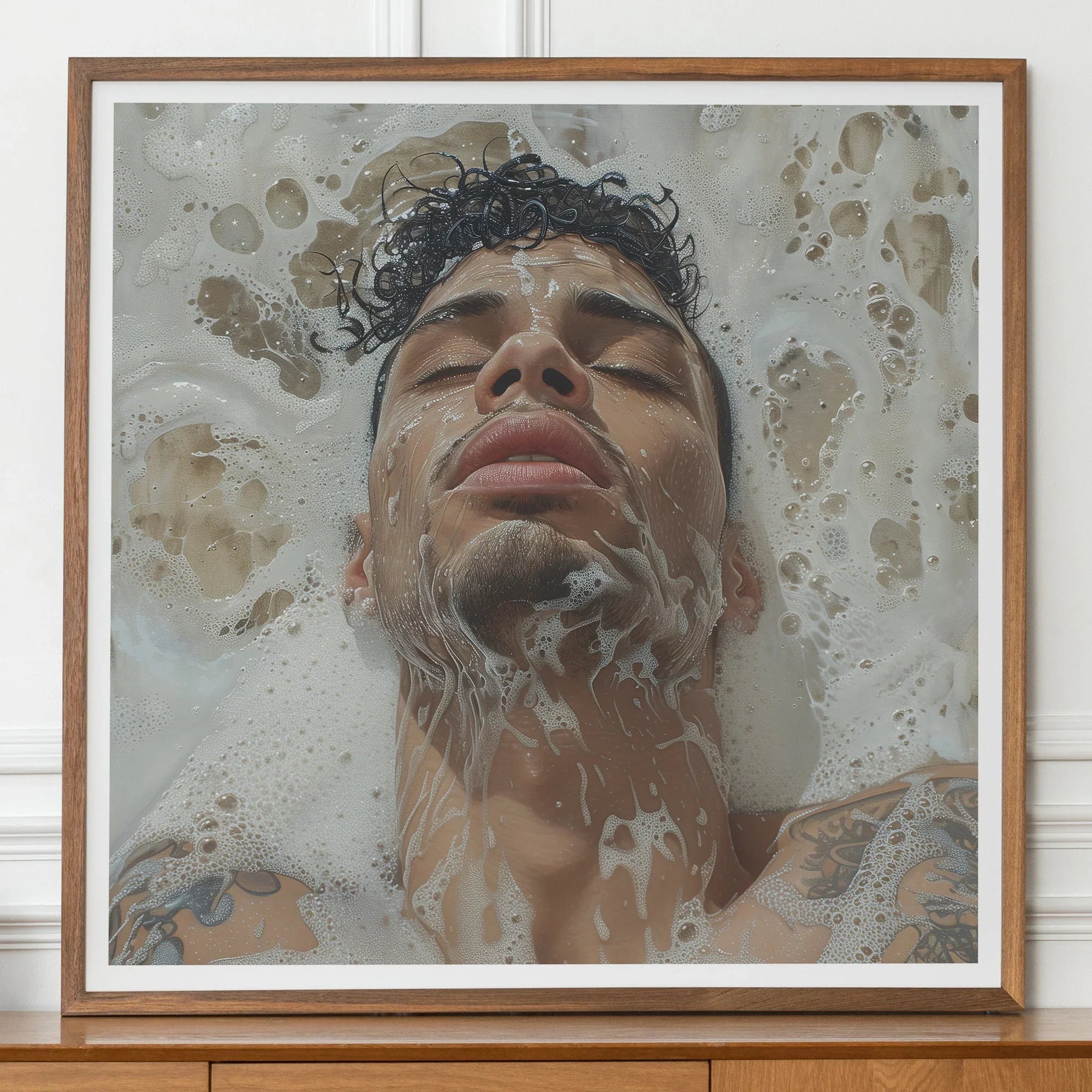 Squeaky Clean Subtle Gay Male Pleasure Art Print, Framed Portrait Photograph Person Submerged Soapy Bathwater Eyes