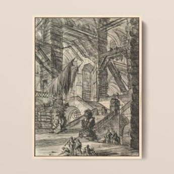 The Staircase with Trophies - Giovanni Battista Piranesi Art Print / Canvas Framed Black-and-white Architectural Sketch Grand Multi-level