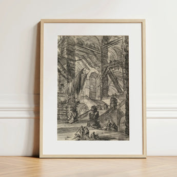 The Staircase with Trophies - Giovanni Battista Piranesi Art Print / Canvas Framed Black-and-white Architectural Sketch Light Wood Frame