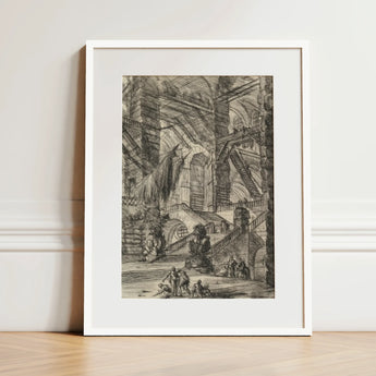 The Staircase with Trophies - Giovanni Battista Piranesi Art Print / Canvas Framed Black-and-white Architectural Sketch Minimalist White