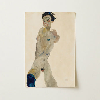 Watercolor Painting Paper Nude Figure Expressive Features Bold Male, Egon Schiele, Young, Stands, Painted, Year Neulengbach Jailed,