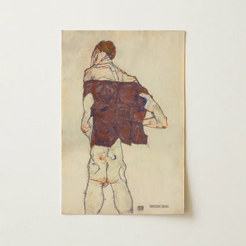 Vintage-style Print Figure Expressive Painterly Style Bold Red Egon Schiele, Standing Man, Turns, Fully, Auburn Hair Pulled, Art