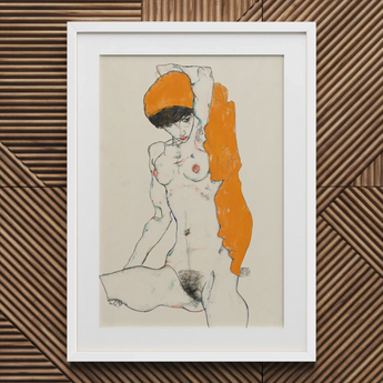 Nudo in piedi con drappeggio arancione - Stampa d'arte di Egon Schiele / Tela, 20x30’’ / 51x76cm / Cornice bianca / Passe-partout, Poster Stampe & Visual