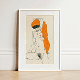 Standing Nude with Orange Drapery - Egon Schiele Art Print / Canvas, 12x18’’ / 31x46cm / White Frame / Matboard, Posters Prints & Visual