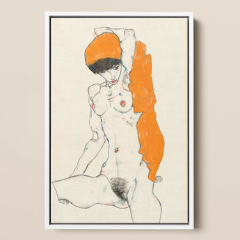 Standing Nude with Orange Drapery - Egon Schiele Art Print / Canvas, Egon Schiele Art, Orange Drapery Entices, Raw Sensuality
