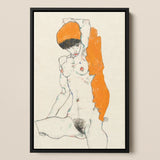 Standing Nude with Orange Drapery - Egon Schiele Art Print / Canvas, Egon Schiele Art, Orange Drapery Entices, Raw Sensuality