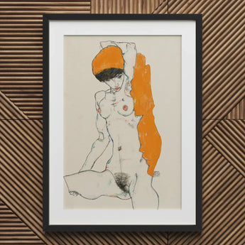 Standing Nude with Orange Drapery - Egon Schiele Art Print / Canvas Framed Artwork Figure Bold, Entices, Raw Sensuality Prints