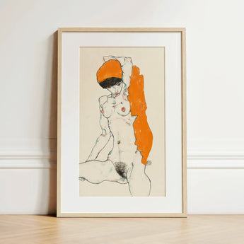 Standing Nude with Orange Drapery - Egon Schiele Art Print / Canvas Framed Artwork Stylized Figure Bold Accents, Entices, Raw Sensuality