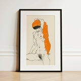 Standing Nude with Orange Drapery - Egon Schiele Art Print / Canvas Framed Artwork Stylized Figure Bold Accents, Entices, Raw Sensuality