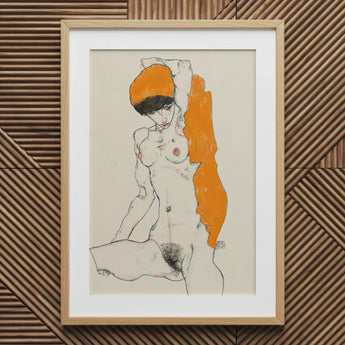 Standing Nude with Orange Drapery - Egon Schiele Art Print / Canvas Framed Artwork Stylized Figure Hat Vibrant, Entices, Raw Sensuality