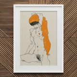 Standing Nude with Orange Drapery - Egon Schiele Art Print / Canvas Framed Artwork Stylized Figure Headscarf Bold, Entices, Raw Sensuality