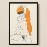 Standing Nude with Orange Drapery - Egon Schiele Art Print / Canvas Framed Painting Figure Bold, Entices, Raw Sensuality Prints