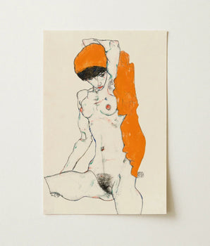 Stylized Line Nude Figure Orange Hat Hair Rendered Egon Schiele Art, Drapery Entices, Raw Sensuality