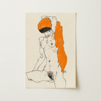Standing Nude with Orange Drapery - Egon Schiele Art Print / Canvas Stylized Line Figure Hat Hair Rendered, Entices, Raw Sensuality Prints
