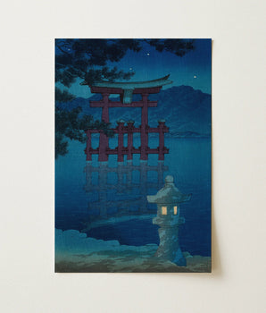 Serene Blue-toned Artwork Traditional Red Torii Gate Stone Kawase Hasui, Pins, Miyajima’s, Great, Gate’s Vermillion Frame, Seto Inland Sea,