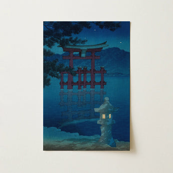 Serene Blue-toned Artwork Traditional Red Torii Gate Stone Kawase Hasui, Pins, Miyajima’s, Great, Gate’s Vermillion Frame, Seto Inland Sea,