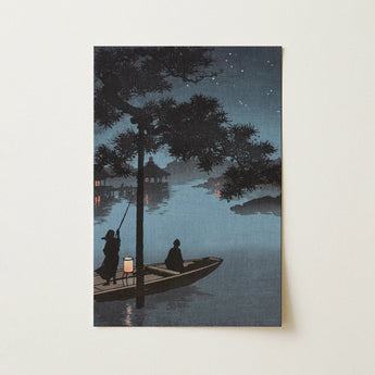 Serene Night Scene Print Two Figures Traditional Boat Biwa Lake, Art, Gathers, Glowing Paper Lantern, Shoda Koho