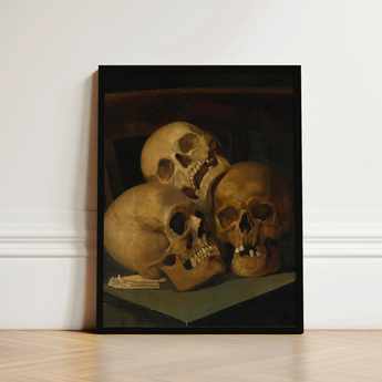 Still Life of Three Skulls - Jan August Hendrik Leys Art Print / Canvas Framed Oil Painting Human Warm Earthy Threeskulls, Hendrikleysart,