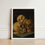Still Life of Three Skulls - Jan August Hendrik Leys Art Print / Canvas Framed Golden-brown Composition Threeskulls, Hendrikleysart,