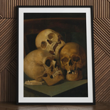 Natura morta con tre teschi - Stampa artistica di Jan August Hendrik Leys / Tela, 24x32’’ / 61x81cm / Cornice nera / Passe-partout, Poster Stampe &