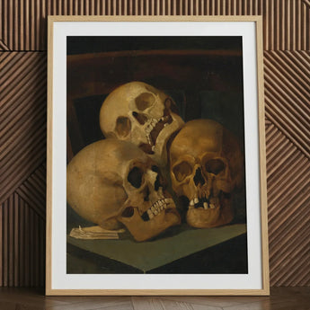 Natura morta con tre teschi - Stampa artistica di Jan August Hendrik Leys / Tela, 24x32’’ / 61x81cm / Cornice naturale / Passe-partout, Poster Stampe &