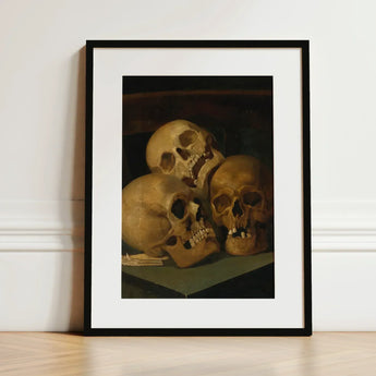 Still Life of Three Skulls - Jan August Hendrik Leys Art Print / Canvas Black-framed Classical Human Threeskulls, Hendrikleysart,