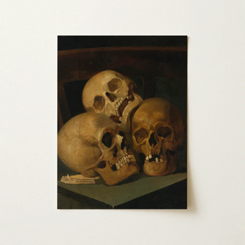 Still Life of Three Skulls - Jan August Hendrik Leys Art Print / Canvas Classical Oil Painting Three Human Skulls Warm Earthy Threeskulls,