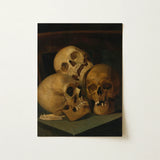 Still Life of Three Skulls - Jan August Hendrik Leys Art Print / Canvas Classical Oil Painting Human Warm Earthy Threeskulls,