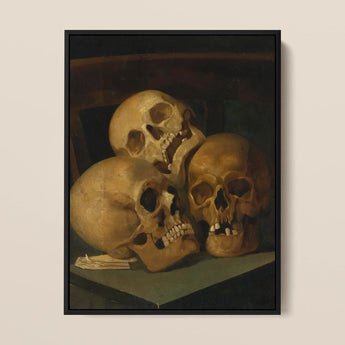 Still Life of Three Skulls - Jan August Hendrik Leys Art Print / Canvas Framed Painting Four Human Skulls Warm Earthy Tones Threeskulls,