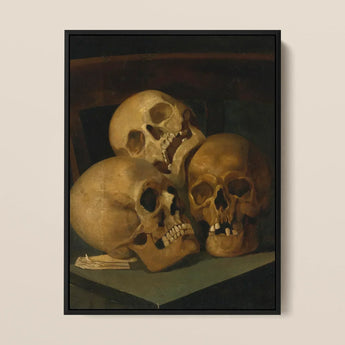 Still Life of Three Skulls - Jan August Hendrik Leys Art Print / Canvas Framed Painting Four Human Warm Earthy Tones Threeskulls,