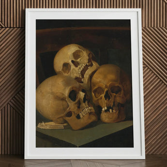 Still Life of Three Skulls - Jan August Hendrik Leys Art Print / Canvas Framed Painting Human Threeskulls, Hendrikleysart,