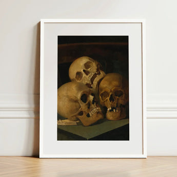 Still Life of Three Skulls - Jan August Hendrik Leys Art Print / Canvas White-framed Classical Painting Human Threeskulls, Hendrikleysart,